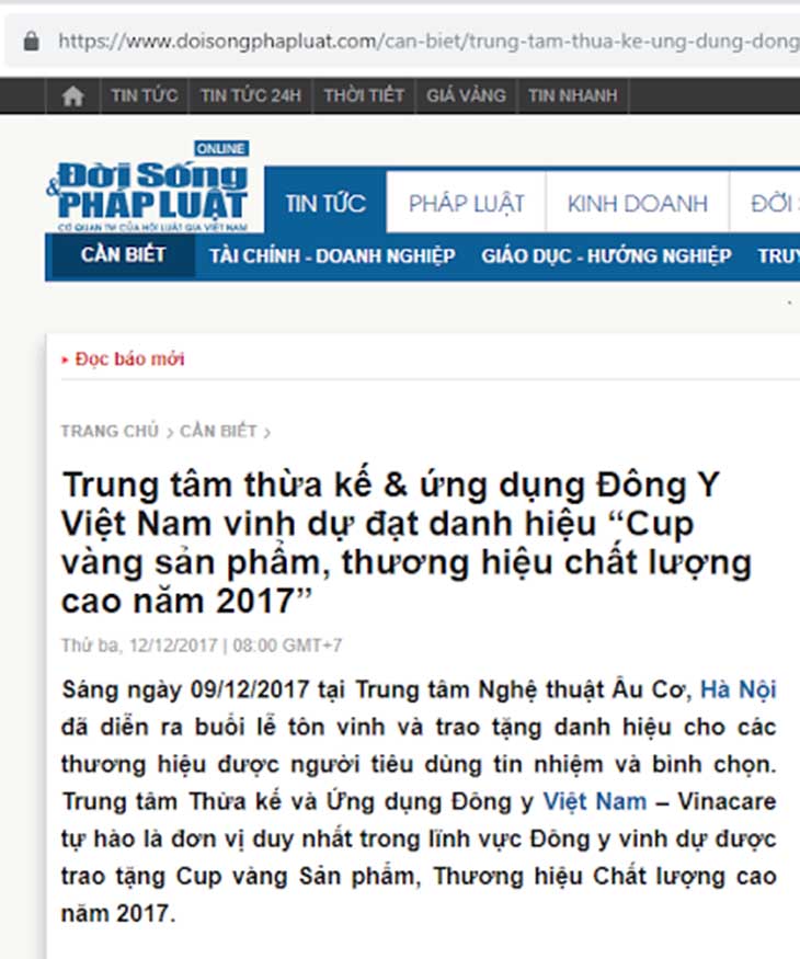 Trung tâm Đông y Việt Nam được Tạp chí Sở hữu Trí tuệ và Sáng Tạo vinh danh