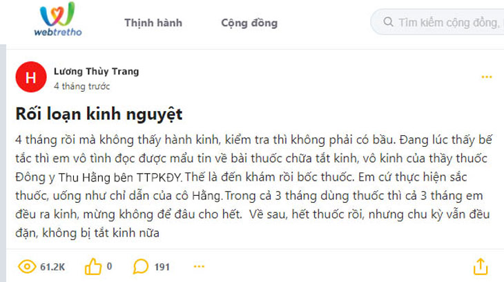 Phản hồi của chị Lương Thùy Trang về chất lượng khám chữa bệnh kinh nguyệt của lương y Bùi Thị Thu Hằng