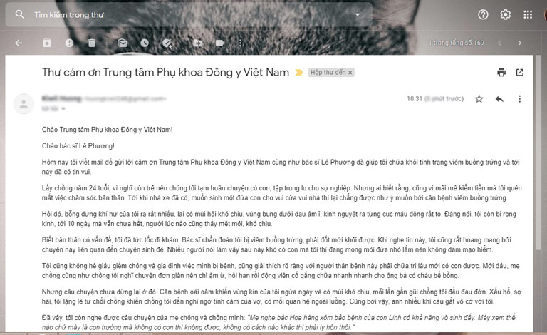 Bệnh nhân gửi email cảm ơn sau khi có tin vui nhờ chữa khỏi viêm buồng trứng bằng Phụ Khang Tán