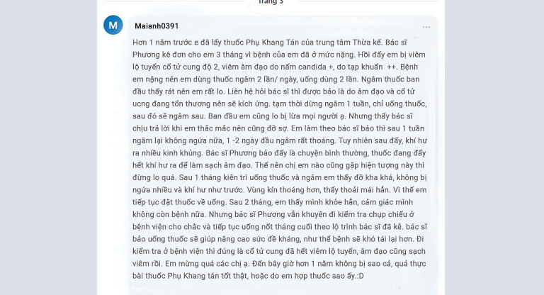 Phản hồi của bệnh nhân Mai Anh về tác dụng chữa viêm lộ tuyến, viêm âm đạo của Phụ Khang Tán