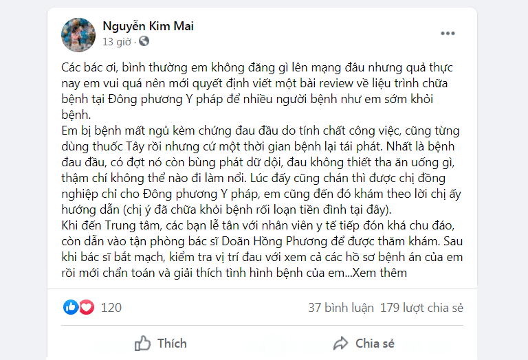 Bệnh nhân chia sẻ liệu trình Đông Phương Thần Hiệu trên trang cá nhân