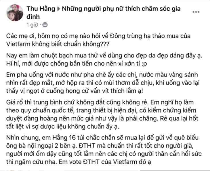 Khách hàng phản hồi về Đông trùng hạ thảo Vietfarm