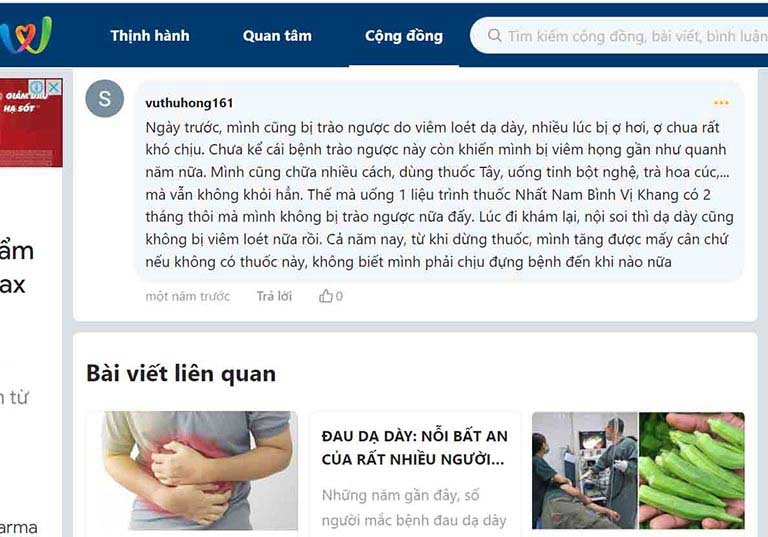 Phản hồi của người bệnh sau khi dùng Nhất Nam Bình Vị Khang trên Web trẻ thơ