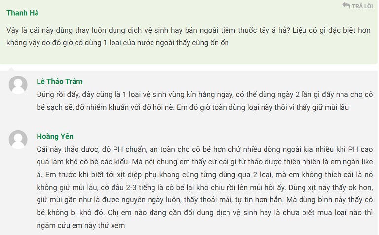 Phản hồi về dung dịch vệ sinh Diệp Phụ Khang