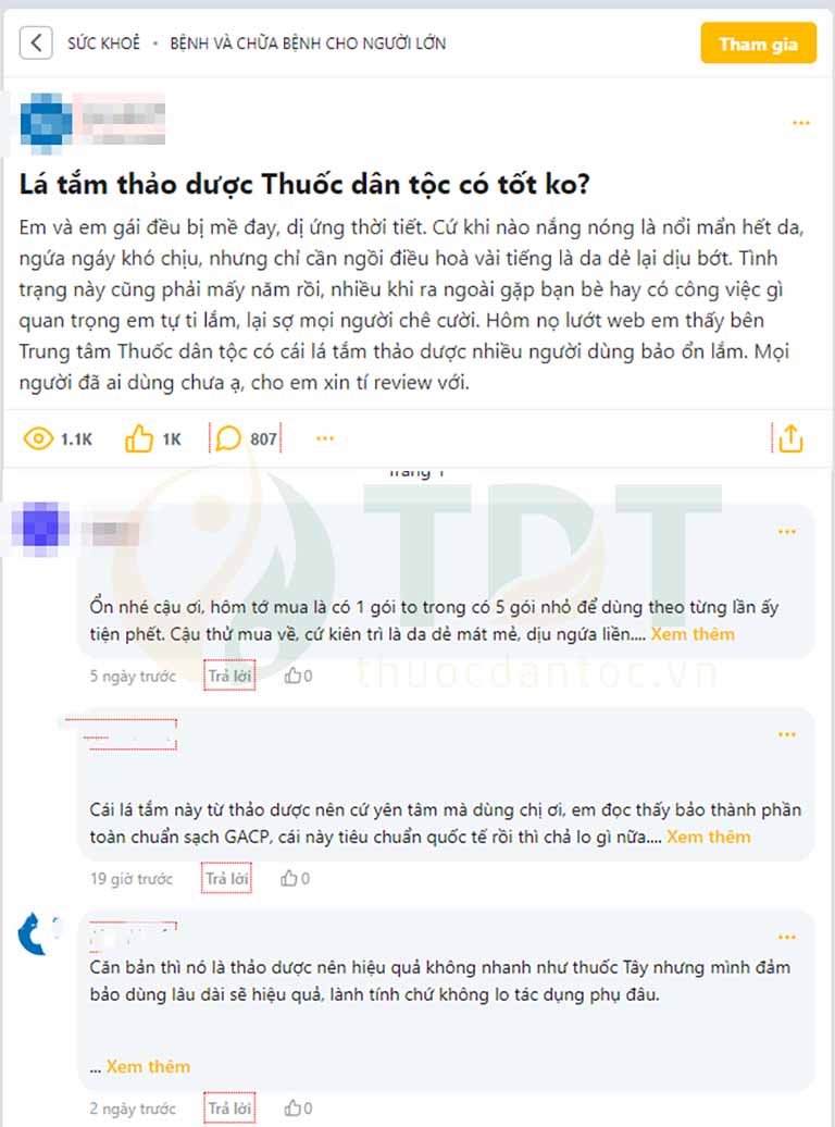 Một thành viên đăng tải thắc mắc về hiệu quả của Lá tắm thảo dược Thuốc dân tộc