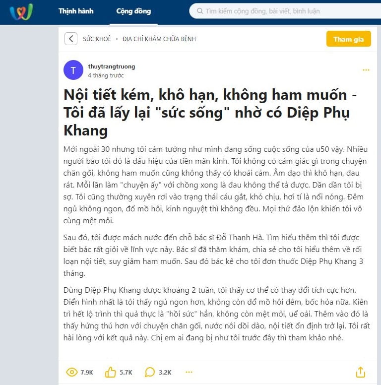 Review trên diễn đàn từ chị em đã dùng Diệp Phụ Khang