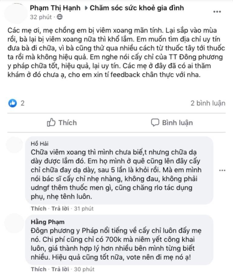 Bệnh nhân phản hồi về hiệu quả điều trị tại Đông phương Y pháp (facebook)