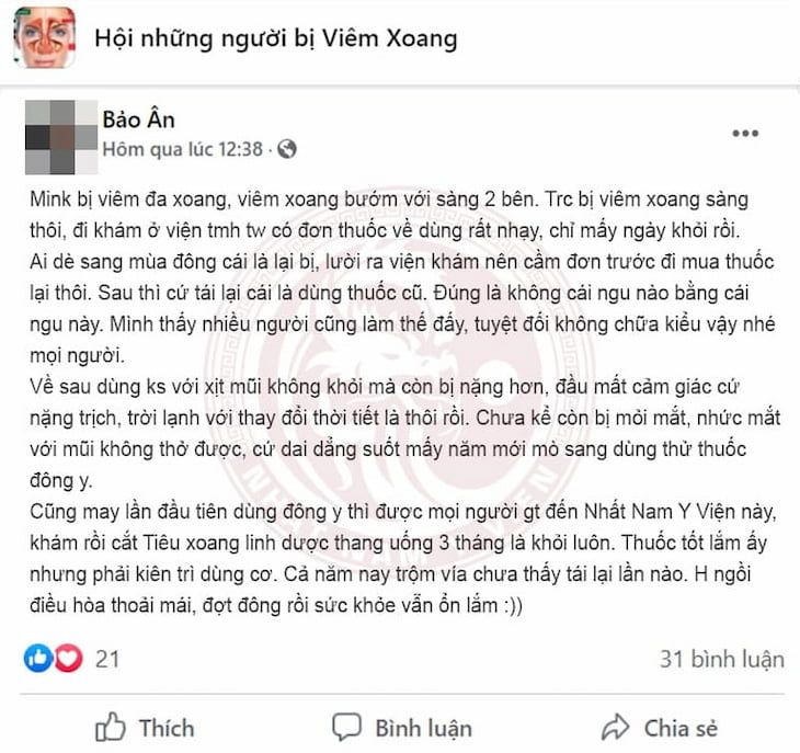 Bài viết về Tiêu Xoang linh dược thang trên hội nhóm viêm xoang