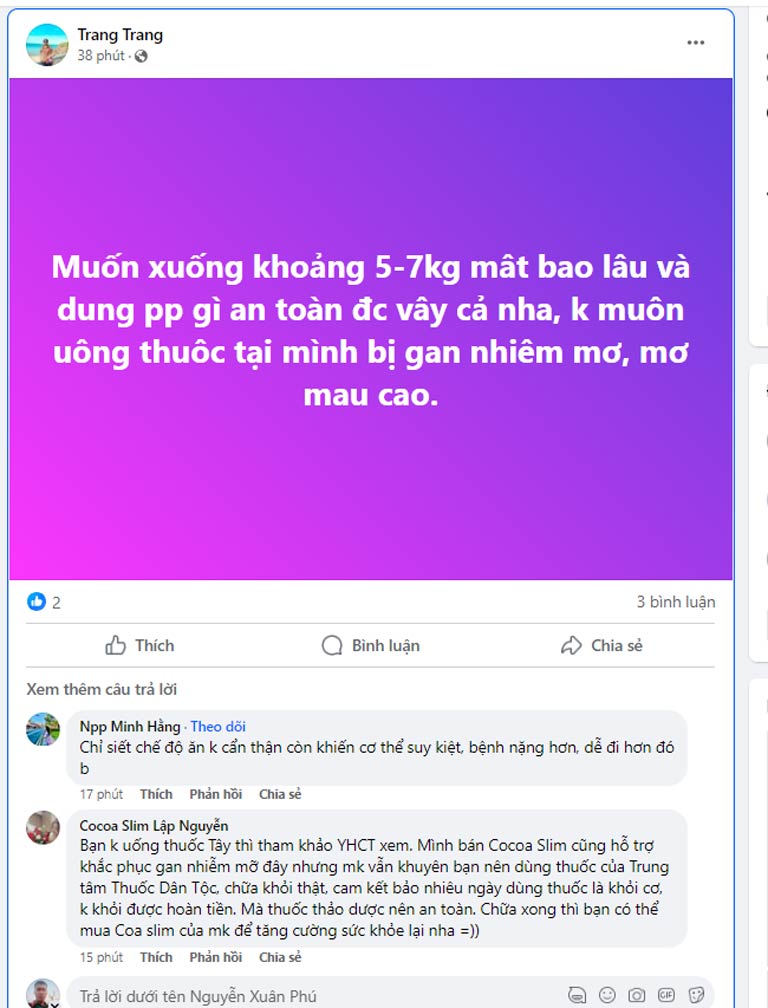 Phản hồi của người bệnh về hiệu quả điều trị gan nhiễm mỡ tại Trung tâm Thuốc Dân Tộc trên các hội nhóm